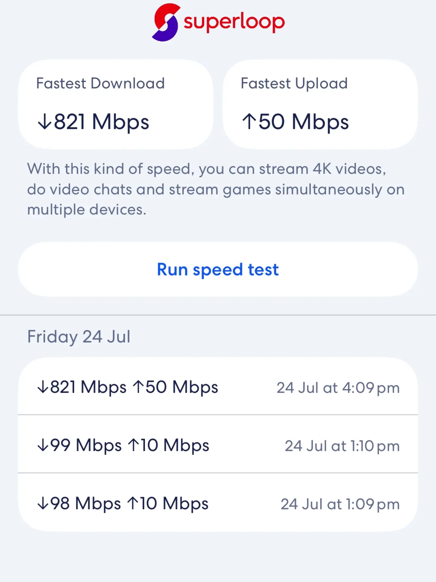 Before and after internet speed test results, 99 Mbps to 821 Mbps