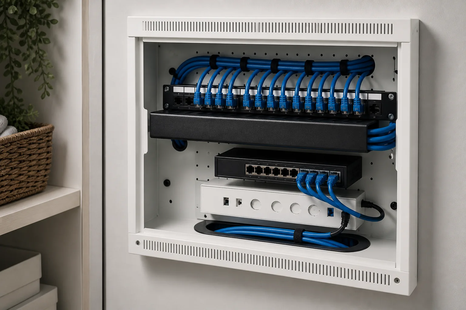 Styled presentation of neat residential network cabling and a compact communications cabinet